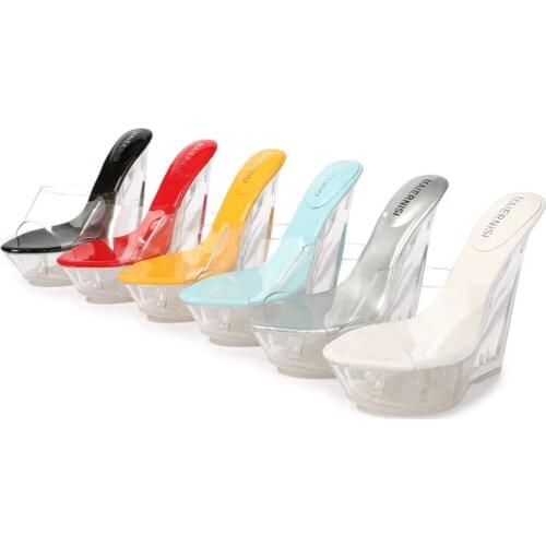 Luxury Wedge Heel Shoes Slides High Heels Women Shoes Fashion Wedge Sandals Sexy 6 Colors Transparent Crystal Womens Slippers