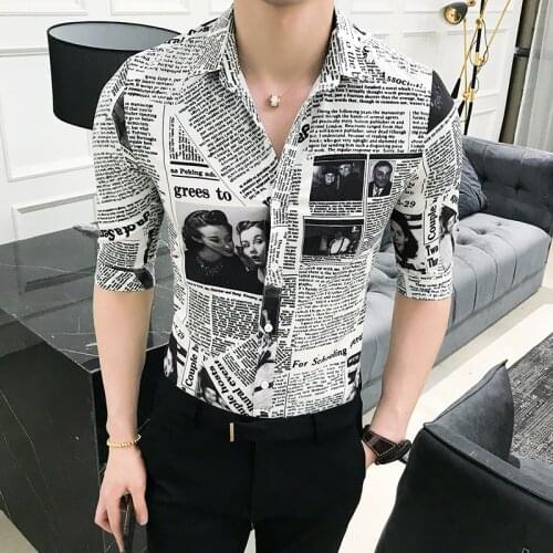 Newspaper Printed Half Sleeve Shirts Men 2019 New Summer Tops Man Camiseta Masculina Stretchy Casual Slim Fit Short Shirt Male