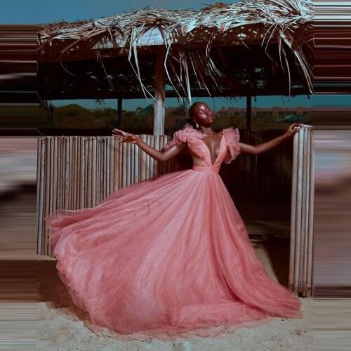 Sexy Fashion Deep V-Neck Formal Dress Prom Gown Customized Ruffles Sleeveless Big Train Party Dresses Female Tulle Robes