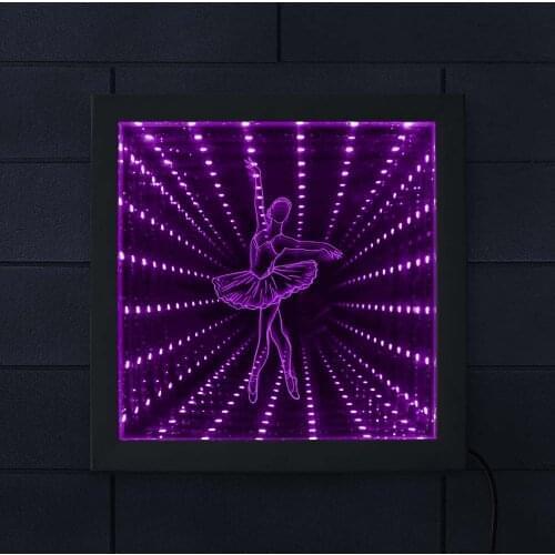 Ballerina LED Infinity Mirror Dancing Girl Lighted Picture Frame Tunnel Vision Reflections Dancing Stuio Lighting Wall Art Decor