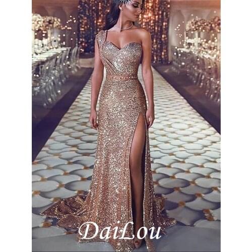 Mermaid/Trumpet Sparkle Sexy Engagement Formal Evening Dress One Shoulder Sleeveless Court Train Sequined with Sequin Split 2021