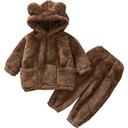 Kids Pajamas Set Winter Thick Boy Girls Plush Clothes 2021 New Cute Flannel 0-5y Baby Children Hooded Homewear Pajamas Suits