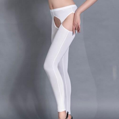 Women Crotchless Leggings Hollow Out Stretchy Glossy Elastic Waistband Skinny Pants Underwear Nightwear Nylon Open Crotch Pants