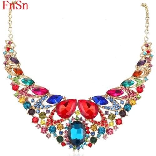 FnSn New 2017 Hot Chokers Crystal Water Drop Statement Necklace Jewelry Women Gold Rhinestone Collar Turkish Round Jewelry N177