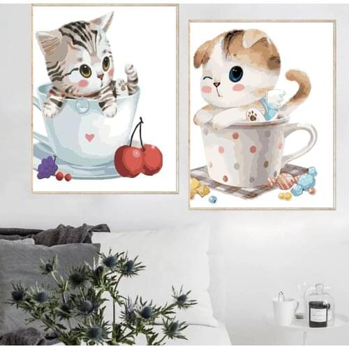 GATYZTORY 2 PC Oil Painting By Number For Adults Children Cute Cat In Cup Animal Paint Kits Handmade Unique Gift Home Decoration