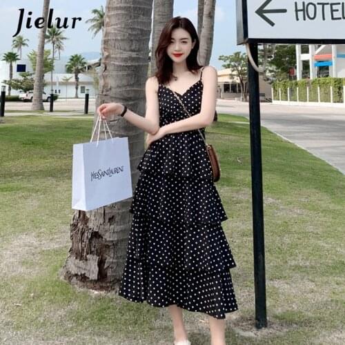 Jielur Chiffon Summer Dress 2021 Spaghetti Strap Polka Dot Cake Layered Dresses High Waist V-neck Casual Sleeveless Beach Dress