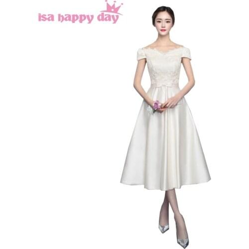 Special occasion champagne colored modest elegant short satin sexy prom dresses tea-length gown dress 2020 ball gown H4145