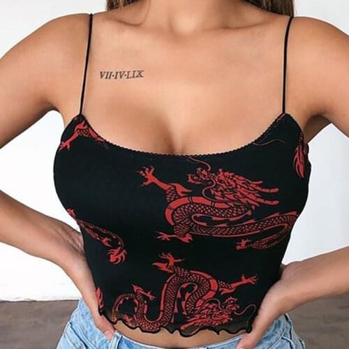 Summer Womens Fashion Casual Sleeveless Camisole Slim Tanks Sexy Spaghetti Strap Chinese Dragon Printed Party Club Crop Tops#p3