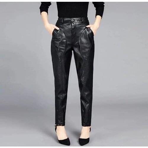Fashion Womens Loose Outer Wear High Waist Harem Trousers Autumn Winter Womens PU Leather Pants Plus Velvet Warm Casual Pants