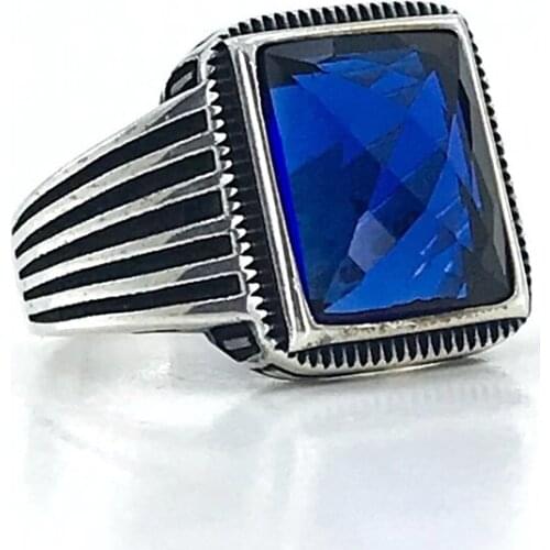 Square Baget Sapphire Navy Blue Elegant Simple Silver Men 'S Ring