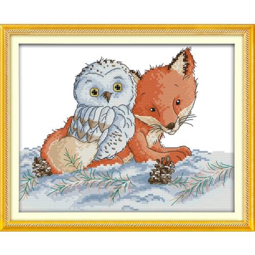 The fox and the owl cross stitch kit aida 14ct 11ct count printed canvas stitches embroidery DIY handmade needlework