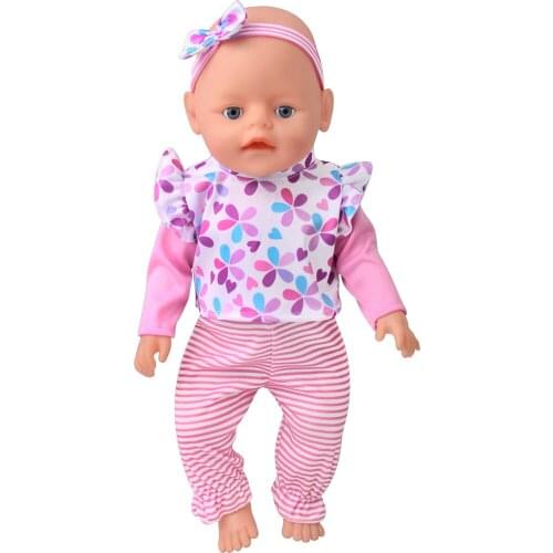 43 Cm Boy American Dolls Clothes Print Pink Long Sleeve Set + Headband Born Baby Toys Accessories Fit 18 Inch Girls Doll H22