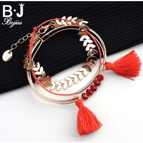Bojiu Orange Tassel Bracelet Sets Crystal Beads Copper Metal 4pcs Bracelet set For Women Christmas Gifts Fashion Jewelry BCSET19