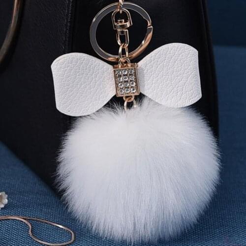 Faux Fur Pompon Keychain Women Key Chain Rhinestone Leather Bow Knot Artificial Rabbit Ball Bag Pendant Car Bag Key Ring Gift
