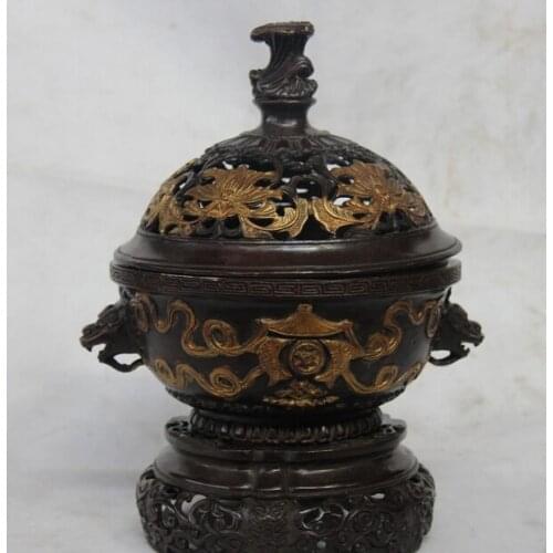 Song voge gem S1312 China Old Bronze Copper Carved Eight treasures Dragon Head Incense Burner Censer