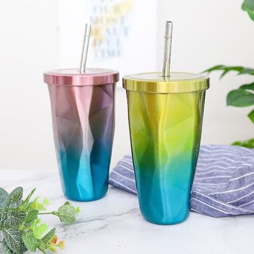 Portable Double Wall Stainless Steel Coffee Mug with Lid and Straw Vacuum Flask Travel Coffee Mugs Thermos cup