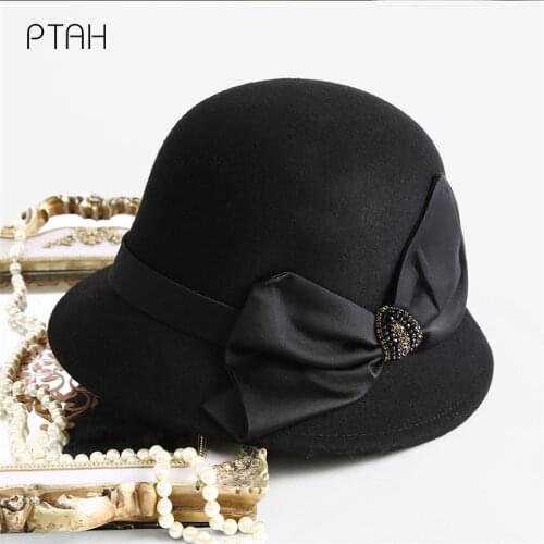 [PTAH] Autumn Winter New Fedoras Hats For Women Temperament Elegant Church Autumn Winter Bow Hat Cap 100% Wool Bow High Quality