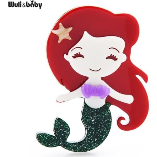 Wuli&baby Acrylic Mermaid Fish Brooches For Women Cartoon Beauty Red Hair Fairy Party Office Brooch Pin Gifts