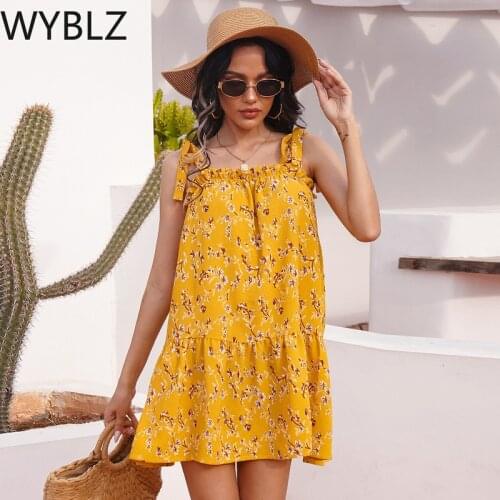 WYBLZ Summer Ladies Loose Halter Print Dress Women Casual Sleeveless Sweet Ruffles Above Knee Mini Floral Dress Female 2021 New