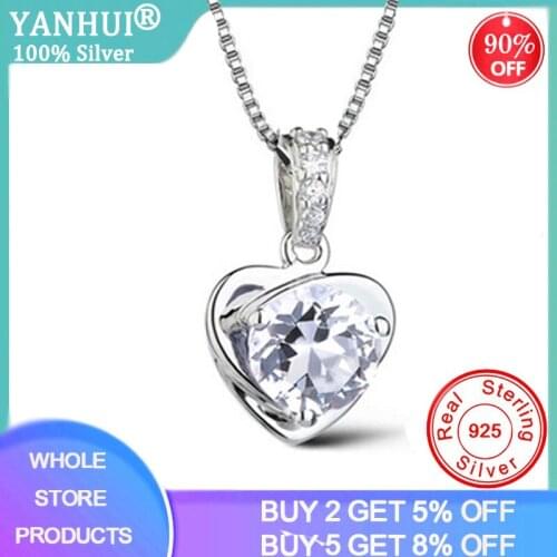 YANHUI Cute Zircon Charm Small Heart Shaped Pendant Necklace Silver 925 Jewelry For Women WN17