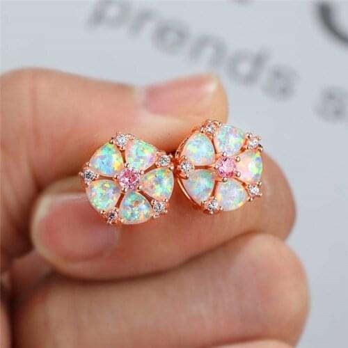 Cute Female Pink Crystal Stone Earrings Charm Rose Gold Color Stud Earrings For Women Dainty White Opal Flower Wedding Earrings