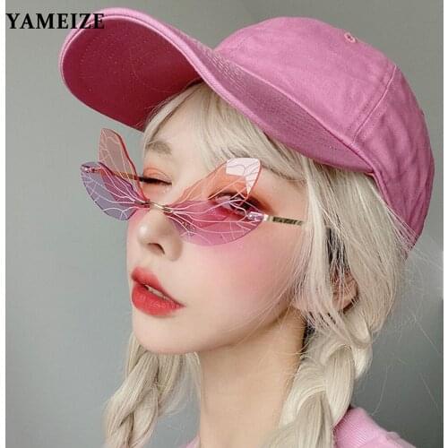 YAMEIZE Fashion Rimless Sunglasses Women Unique Sun Glasses Dragonfly Wing Cat Eye Steampunk Eyeglasses Clear Ocean Lens Eyewear