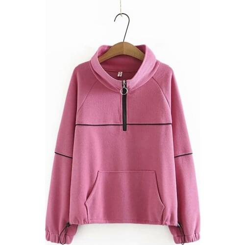Plus size turn-down collar zipper Womens Sweatshirts 2021 solid color Drop-shoulder sleeves spring autum pullover Woman clothes