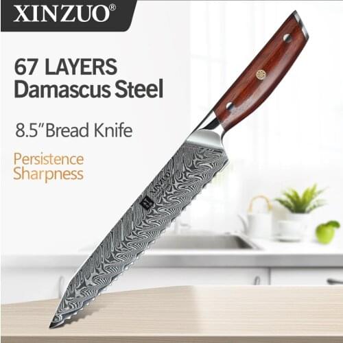 XINZUO 8.5" Serrated Knife VG10 Damascus Stainless Steel Bladed New Design Chef Knives Bread Cheese Cake Cutter Kitchen Knife