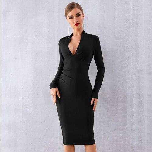 New Red Celebrity Evening Party Bodycon Bandage Dress Women 2019 Autumn Winter White Long Sleeve V Neck Sexy Nightclub Vestidos