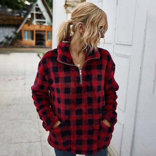 2020 Winter Plaid Hoodies Women Thickened Fleece Long Sleeve Oversize Turndown Collar Zipper Coat With Pockets Ez
