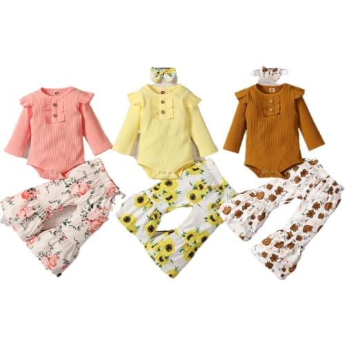Toddler Kid Baby Girl Set Long Sleeve Waffle Knit T-Shirt Tops Floral Flared Pants Bell Bottom Headband 3PCS Outfits Clothes Set