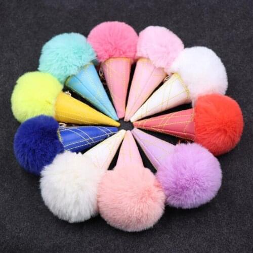 30Pcs/lot Leather Fur Ball Ice Cream Cone Bag Key Chain Pompom Fur Ball Car Keyring Women Key Holder Bag Pendant Jewelry