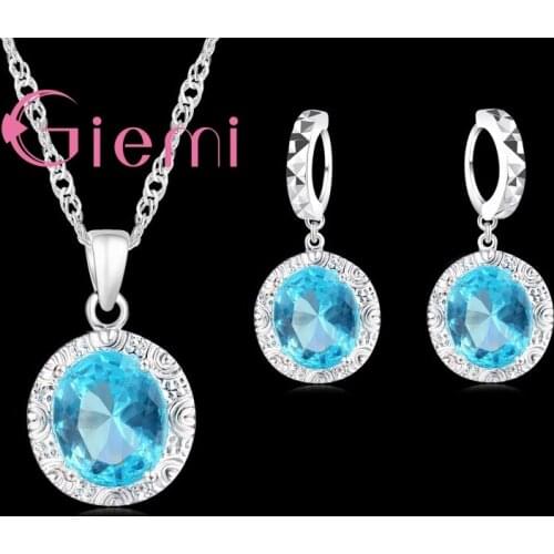 AAA Blue CZ Crystal Jewelry Sets Romantic Luxury Round Drop Earring Necklace Set 925 Sterling Silver Gift For Women