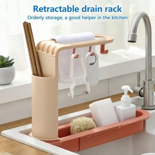 Behogar Telescopic Kitchen Sink Storage Strainer Drying Rack Holder Sponge Basket Organizer for Home Kitchen Tool
