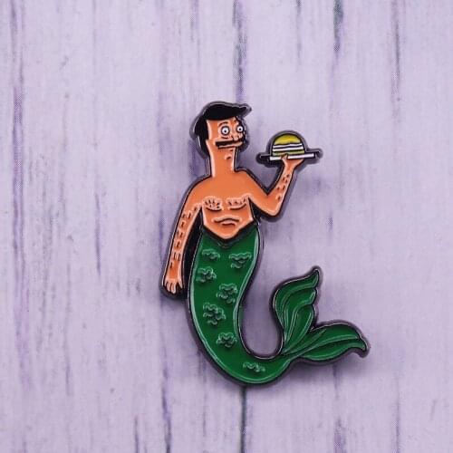 Bob Holding Humburger Enamel Pin Mermaid Fish Brooch cartoon restaurant food Badge happy fastfood Jewelry