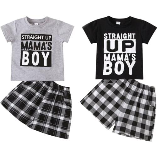 FOCUSNORM 1-5Y Summer Causal Boys Clothes Sets 2pcs Letter Short Sleeve T Shirts Plaid Printed Shorts