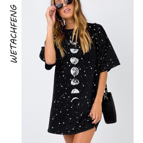 Summer Starry Sky Print Womens T Shirts Black Casual Long Tshirts Top Casual Mini Dress Female Short Sleeve T-shirts Clothing
