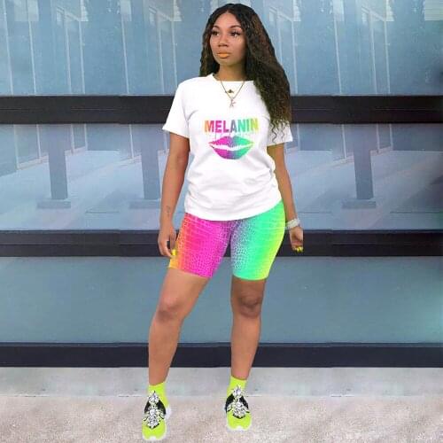 Gradient Color Letter Print Short Sleeve T-shirt and Workout Biker Shorts for Women Fashion Casual Fitness Two Piece Tracksuit