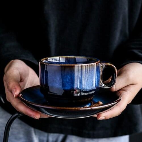 Simple Art Retro Ceramic Blue Coffee Cup and Saucer Set Modern Home Breakfast Milk Mug Office Afternoon Tea Flower Tea Cup Gift