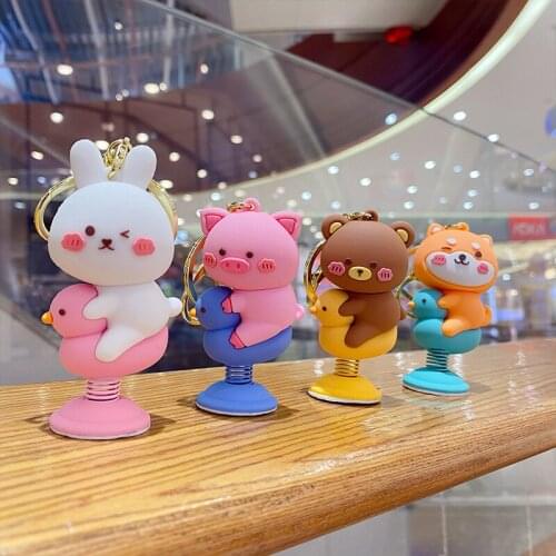 Creative Cartoon Spring Bear Pig Car Decoration Key Chain Cute Shiba Inu Rabbit Animal Keychain Girl Bag Pendant Keyfob Toy Gift
