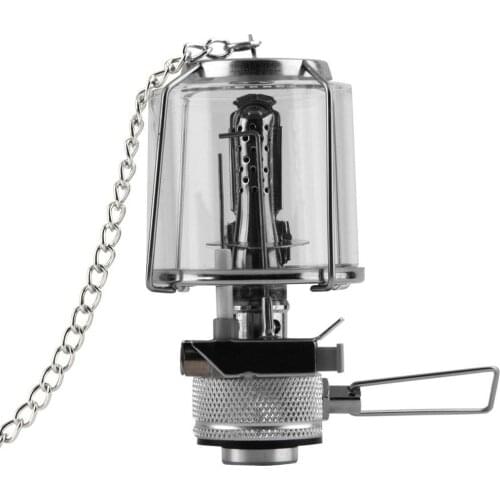 Mini 80LUX Outdoor Camping Lantern Portable Aluminum Gas Light Tent Lamp Torch Hanging Glass Lamp Chimney Butane for Travel