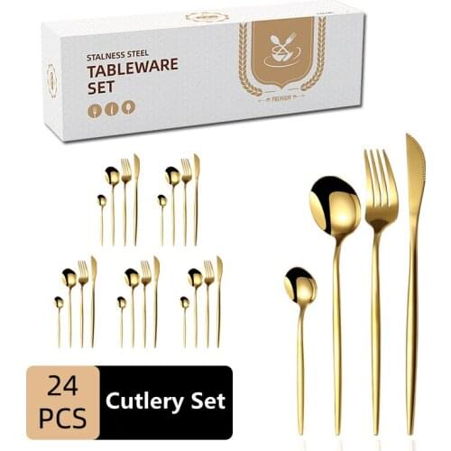 24piece Stainless Steel Tableware Set Mirror Bright Light Gold Knife Fork Coffee Spoon Cutlery Set 6 Person Party Dinnerware Set