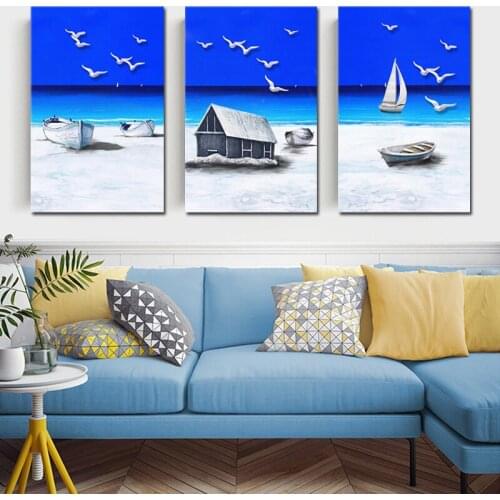 Nordic Spray Colo Landscape Sea Beach Chalet Seagull Canvas Painting Home Sailboat Poster Wall Pictures Modern Living Room Decor