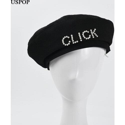 USPOP 2021 New Winter Black Velvet Berets Women Pearl Letter Beret Hat