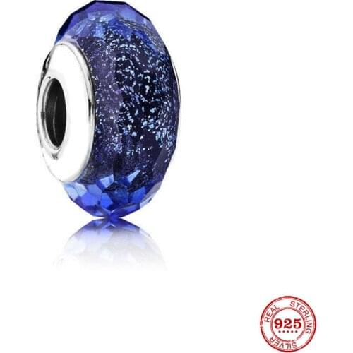 New Original Silver Color Blue Round Murano Glass Bead Fit European Pandora Charms Bracelet Bangles Diy Jewelry P602