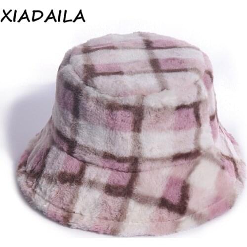 New Outdoor Fashion Panama Fishing Caps Faux Fur Check Plaid Bucket Hats Bob Chapeau femme Winter gorras