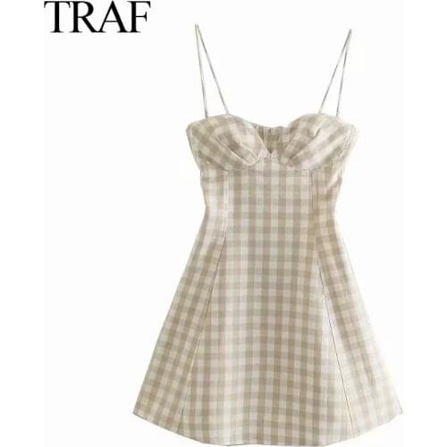 TRAF ZA Women Clothes Vintage Dress Summer Party Dress Woman Fashion Sexy Dresses Chic Backless Sleeveless Plaid Print Sundress
