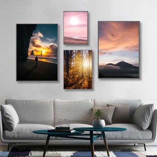 Seaside Golden Sunset Sunset Landscape Poster Room Home Decor Jungle Yellow Trees and Red Maple Fallen Leaves Canvas Painting