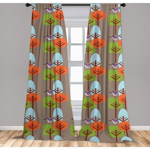 Mid Century Curtains Flying Hummingbird and Colorful Trees Simple Nature Modernist Art Approach Window Drapes for Living Room