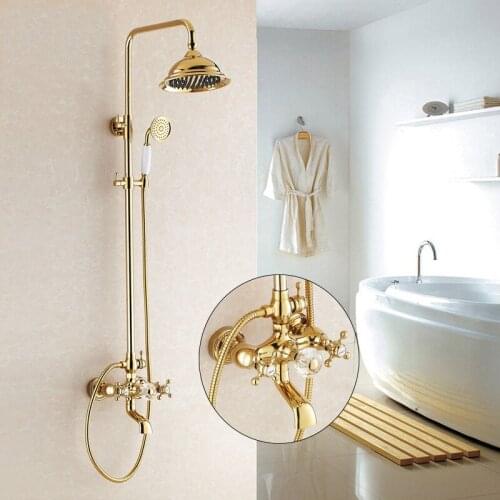 Shower Faucets Luxury Gold Bathroom Rainfall Shower Faucet Set Mixer Tap With Hand Sprayer Wall Mounted Bath Shower Head